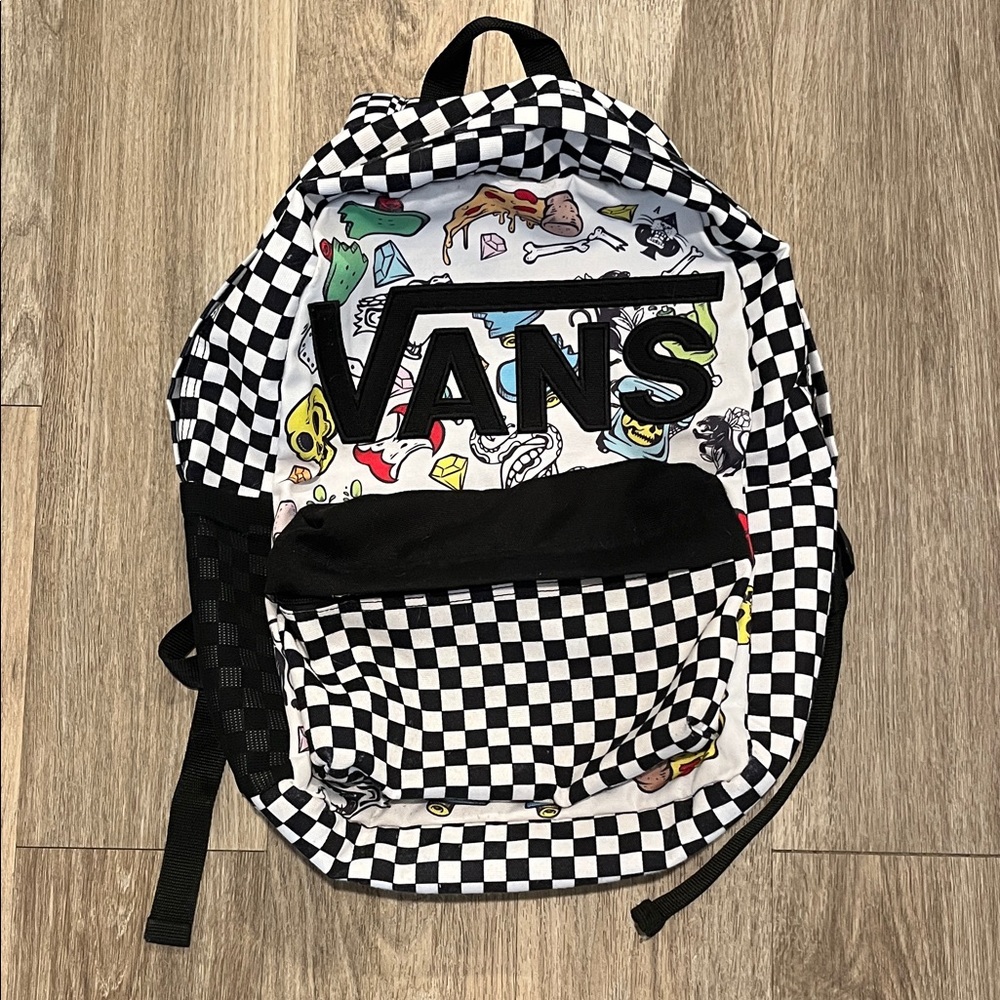 Vans Black and White Checkered Backpack with Colorful Graphics